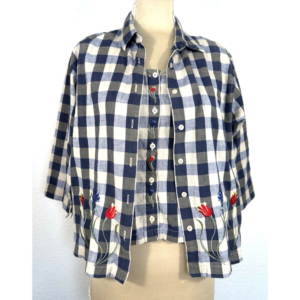 Dress Barn 100% Cotton Gingham Tulip Embroidered Layered Blouse Top Vintage